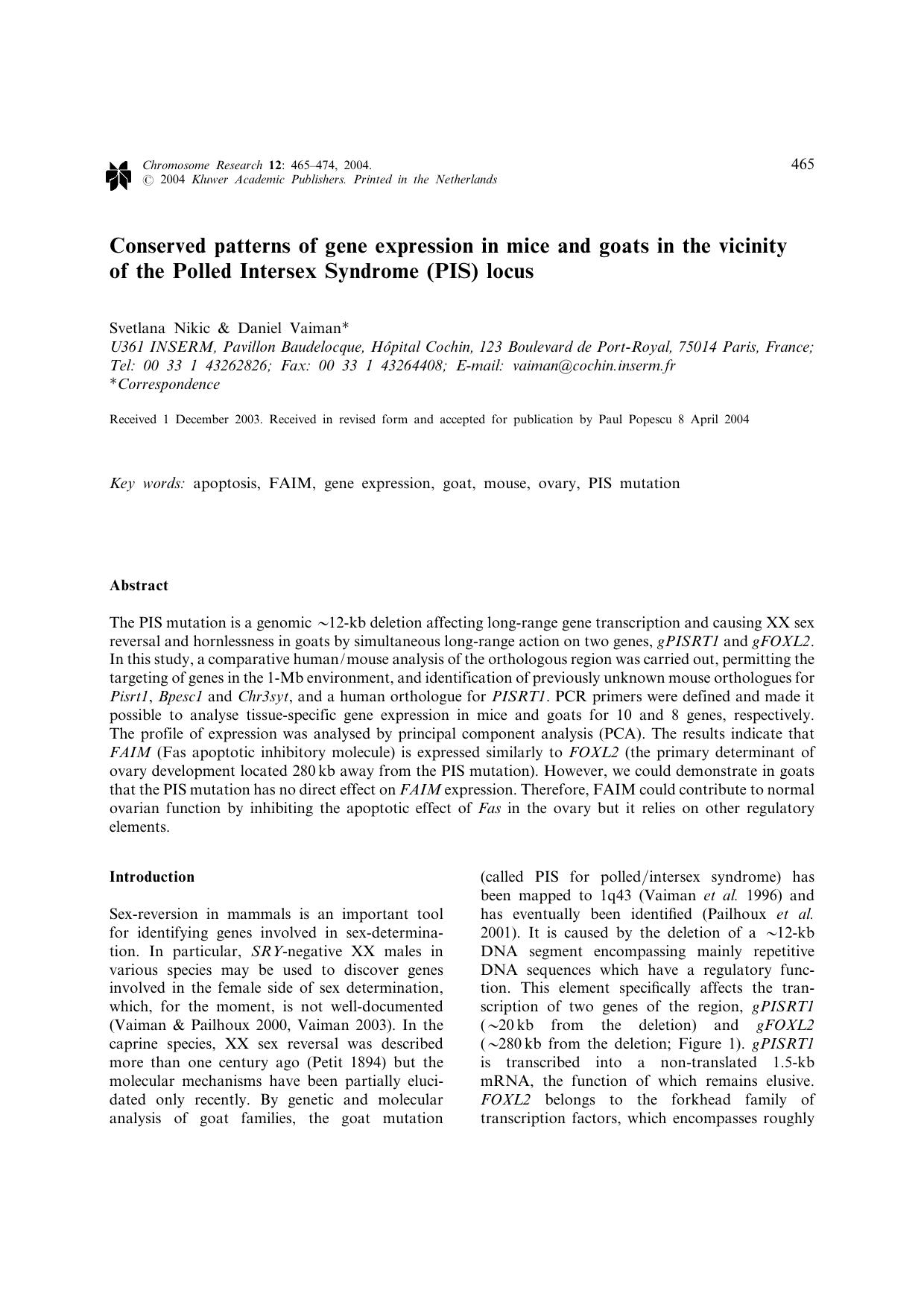 Conserved patterns of gene expression in mice and goats in the vicinity of the Polled Intersex Syndrome (PIS) locus by Unknown