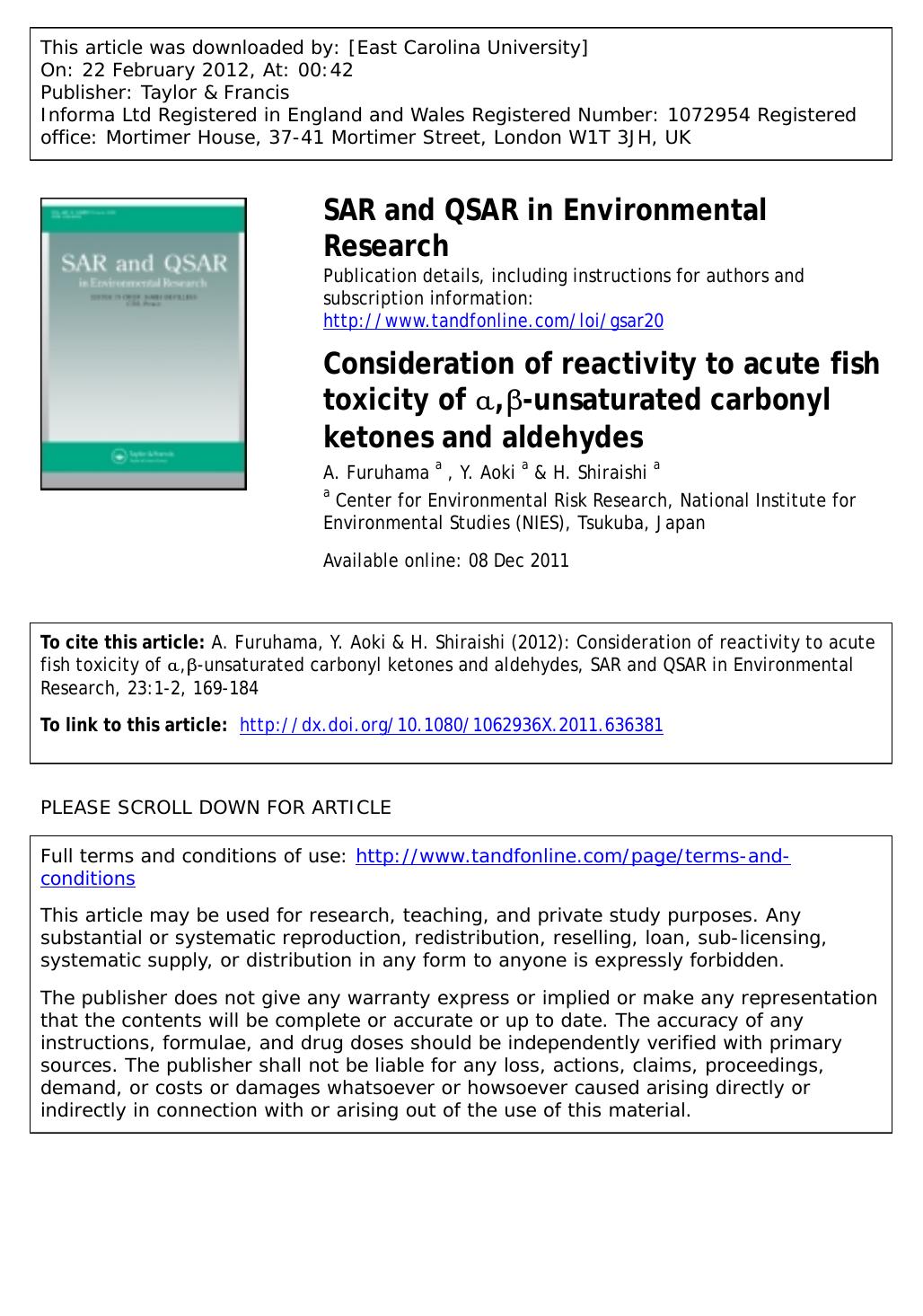 Consideration of reactivity to acute fish toxicity of Î±,Î²-unsaturated carbonyl ketones and aldehydes by A. Furuhama a * ayako.furuhama@nies.go.jp Y. Aoki a & H. Shiraishi a