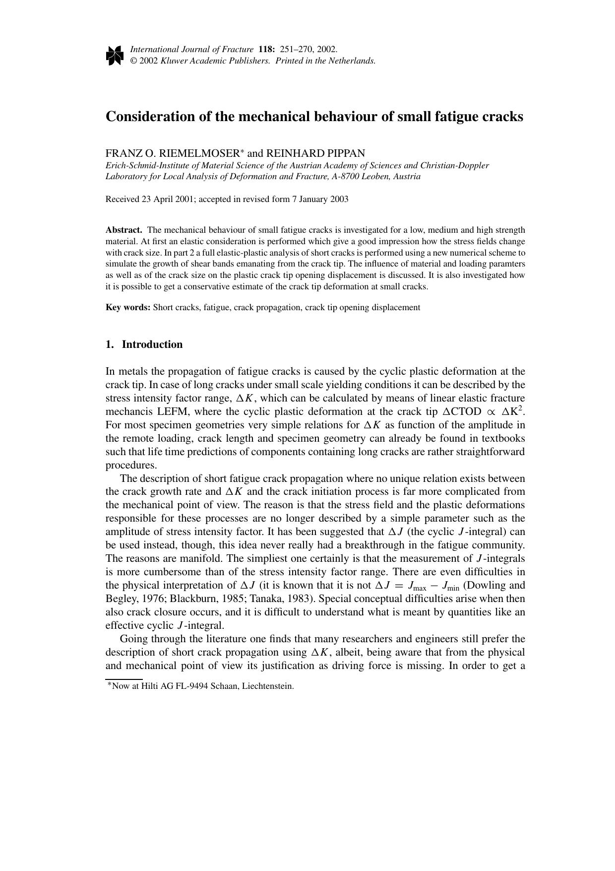 Consideration of the mechanical behaviour of small fatigue cracks by Unknown