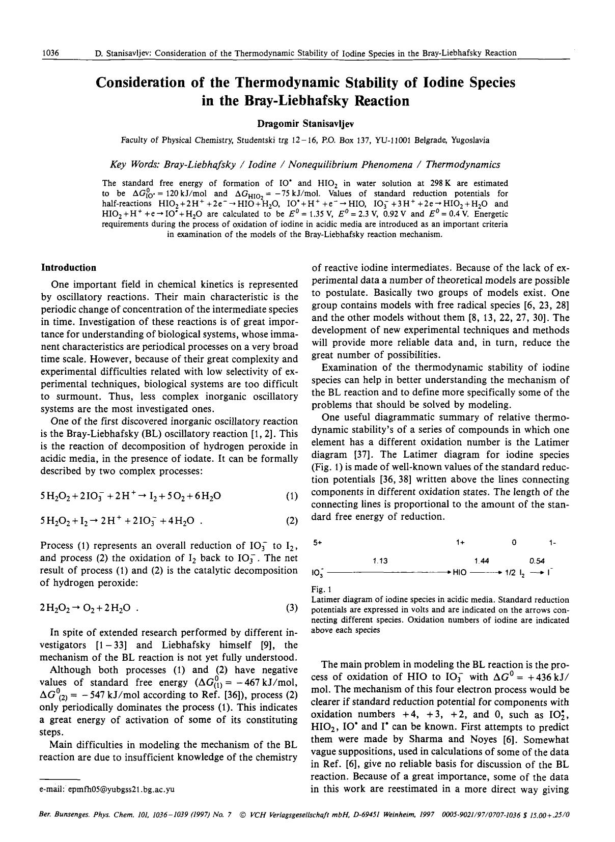 Consideration of the thermodynamic stability of iodine species in the Bray-Liebhafsky reaction by Unknown