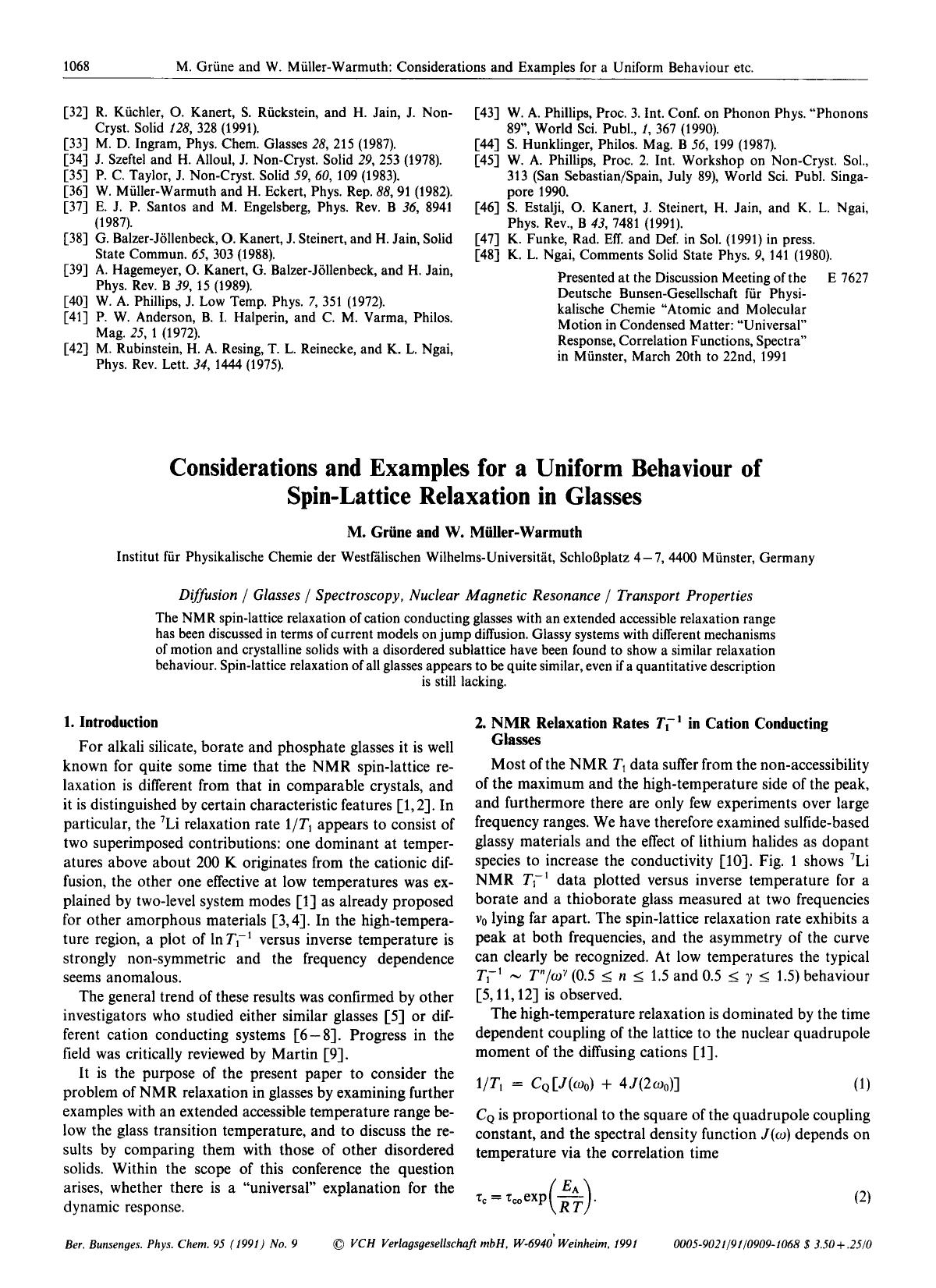 Considerations and Examples for a Uniform Behaviour of Spin-Lattice Relaxation in Glasses by Unknown