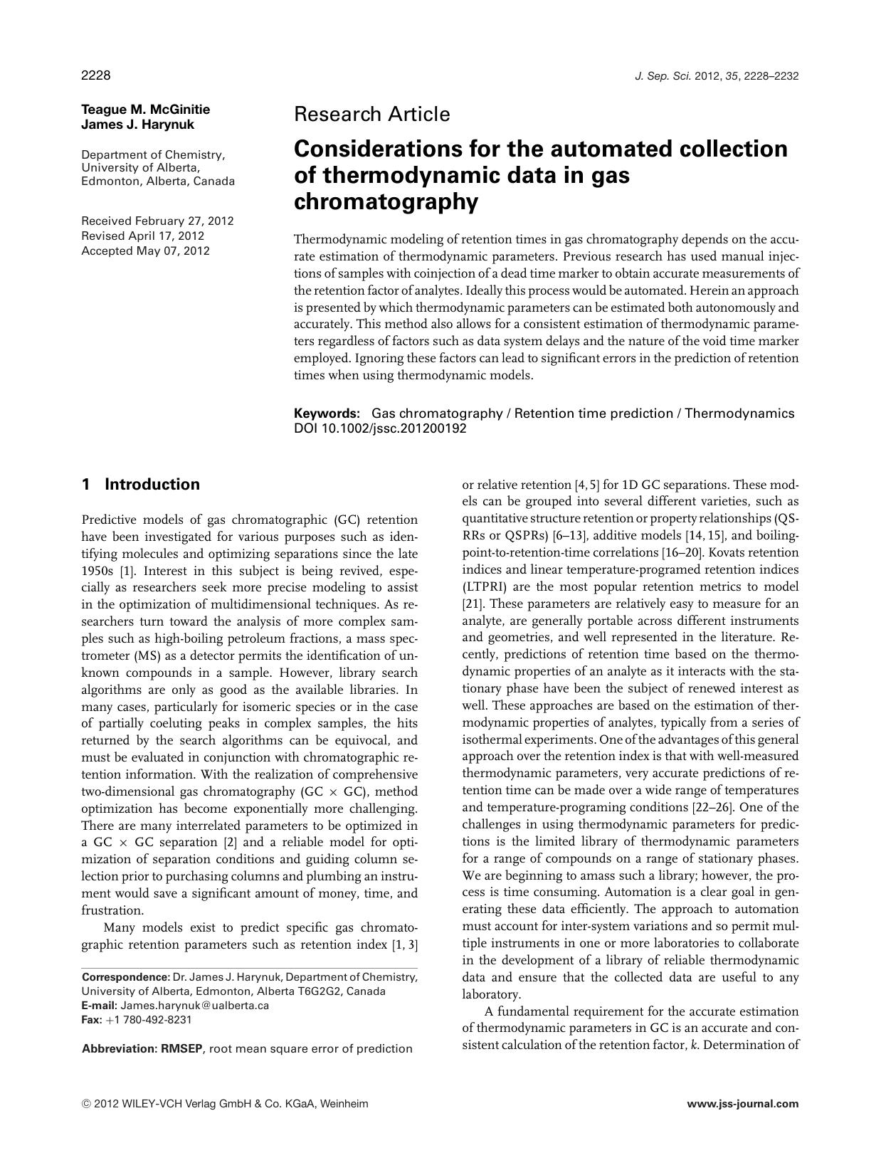 Considerations for the automated collection of thermodynamic data in gas chromatography by Unknown