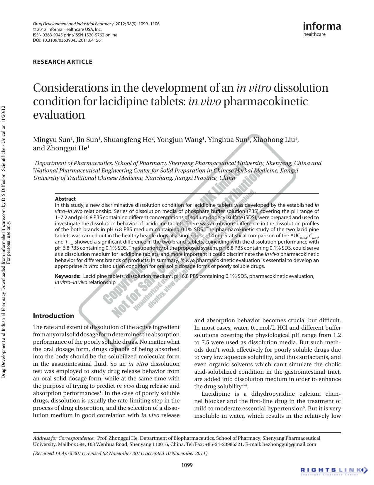 Considerations in the development of an in vitro dissolution condition for lacidipine tablets: in vivo pharmacokinetic evaluation by Mingyu Sun Jin Sun Shuangfeng He Yongjun Wang Yinghua Sun Xiaohong Liu & Zhonggui He