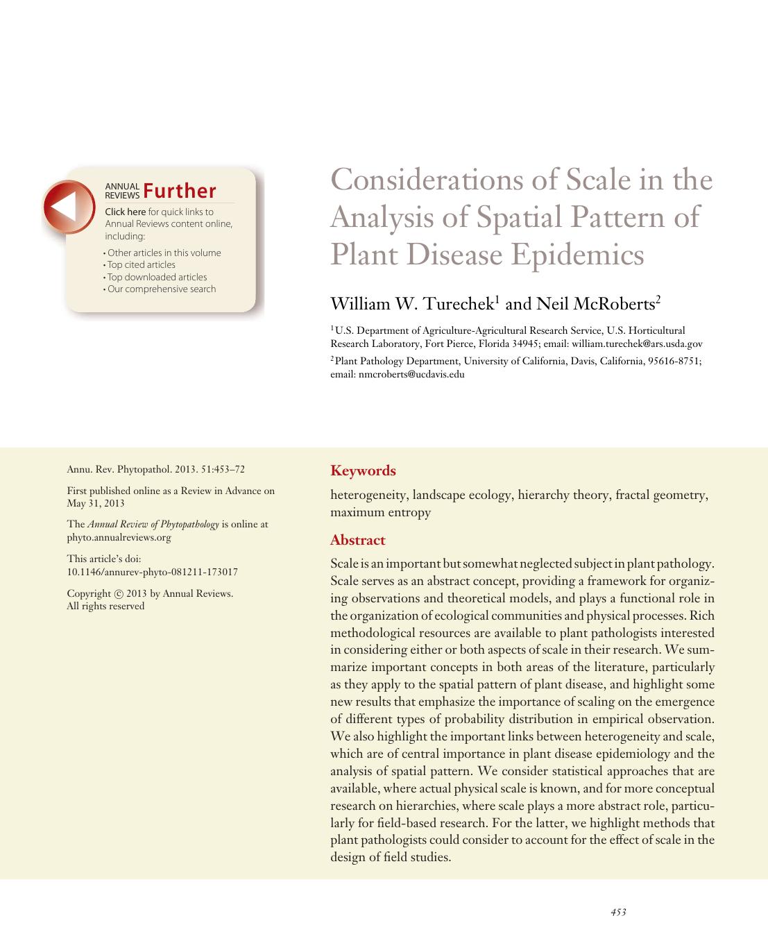 Considerations of Scale in the Analysis of Spatial Pattern of Plant Disease Epidemics by William W. Turechek and Neil McRoberts