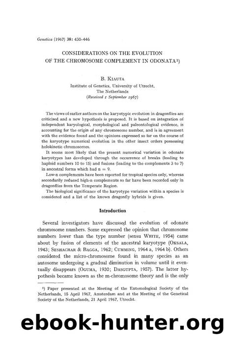 Considerations on the evolution of the chromosome complement in odonata by Unknown