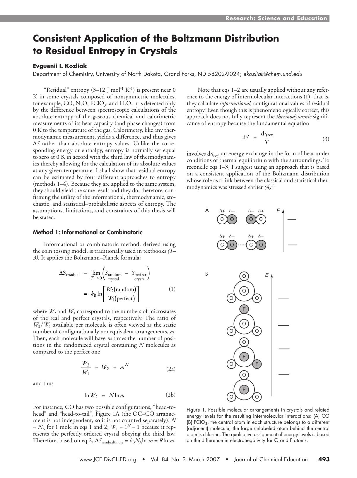 Consistent Application of the Boltzmann Distribution to Residual Entropy in Crystals by Evguenii I. Kozliak