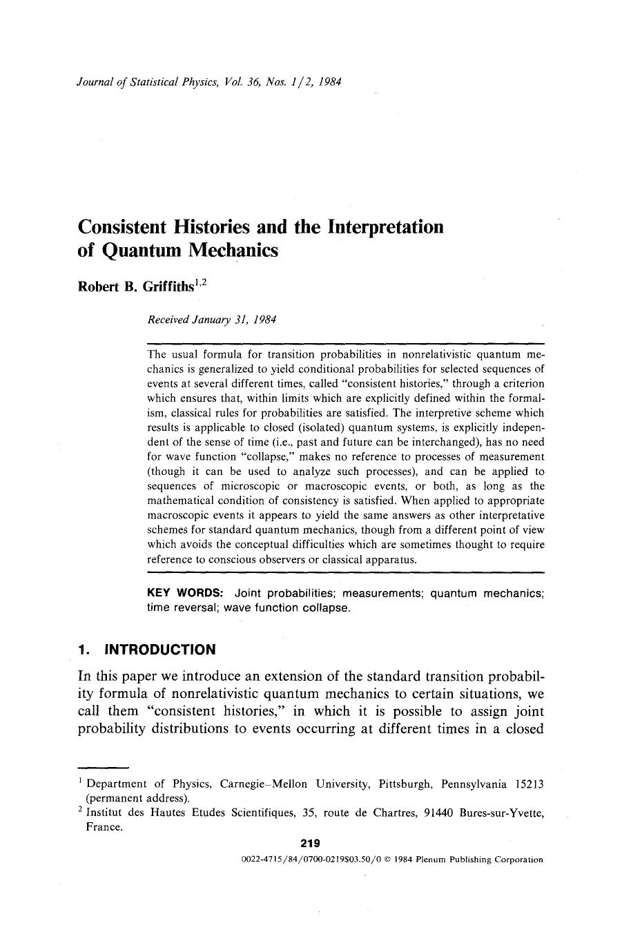 Consistent histories and the interpretation of quantum mechanics by Unknown