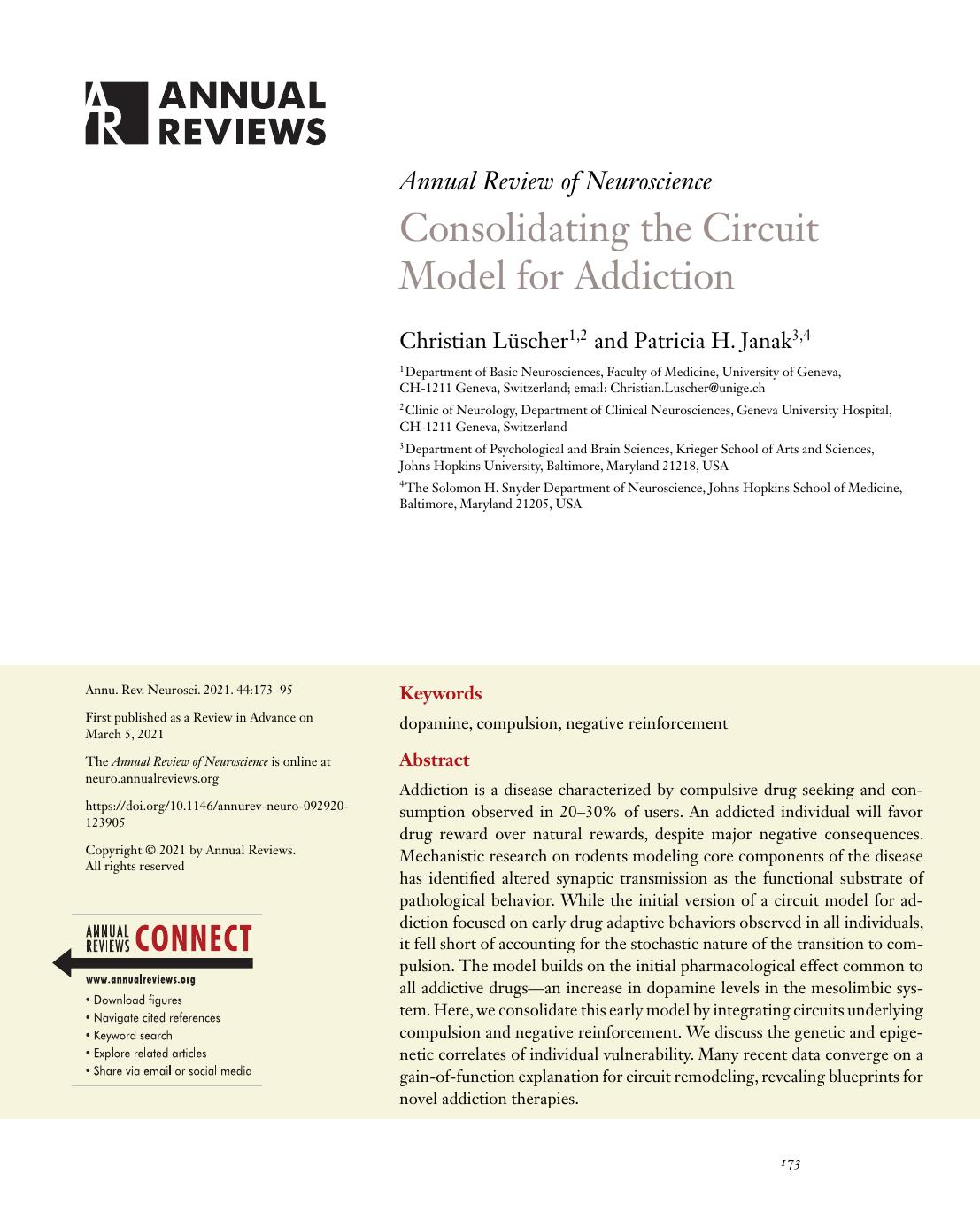 Consolidating the Circuit Model for Addiction by Christian Lüscher and Patricia H. Janak