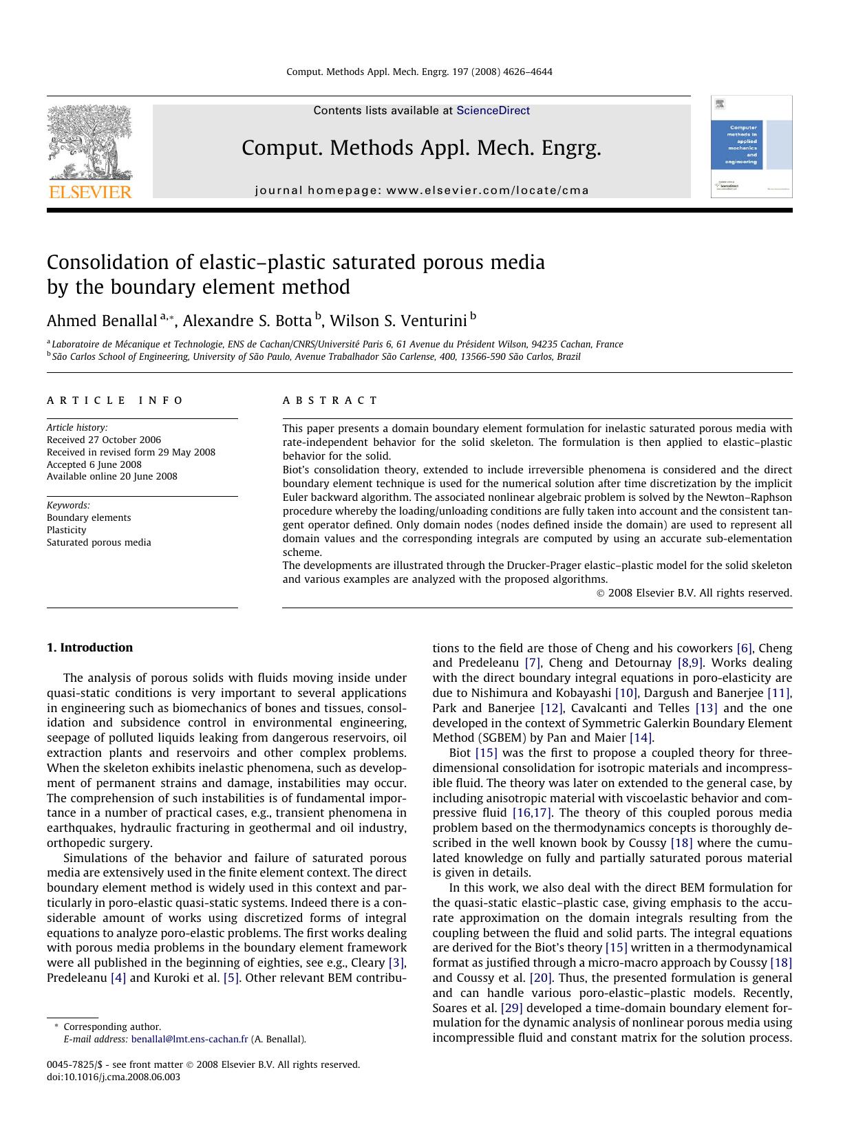 Consolidation of elasticâplastic saturated porous media by the boundary element method by Ahmed Benallal; Alexandre S. Botta; Wilson S. Venturini