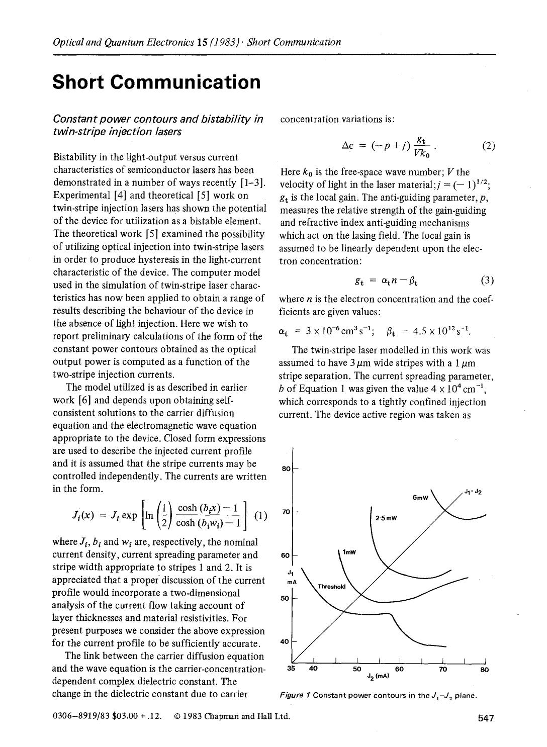 Constant power contours and bistability in twin-stripe injection lasers by Unknown