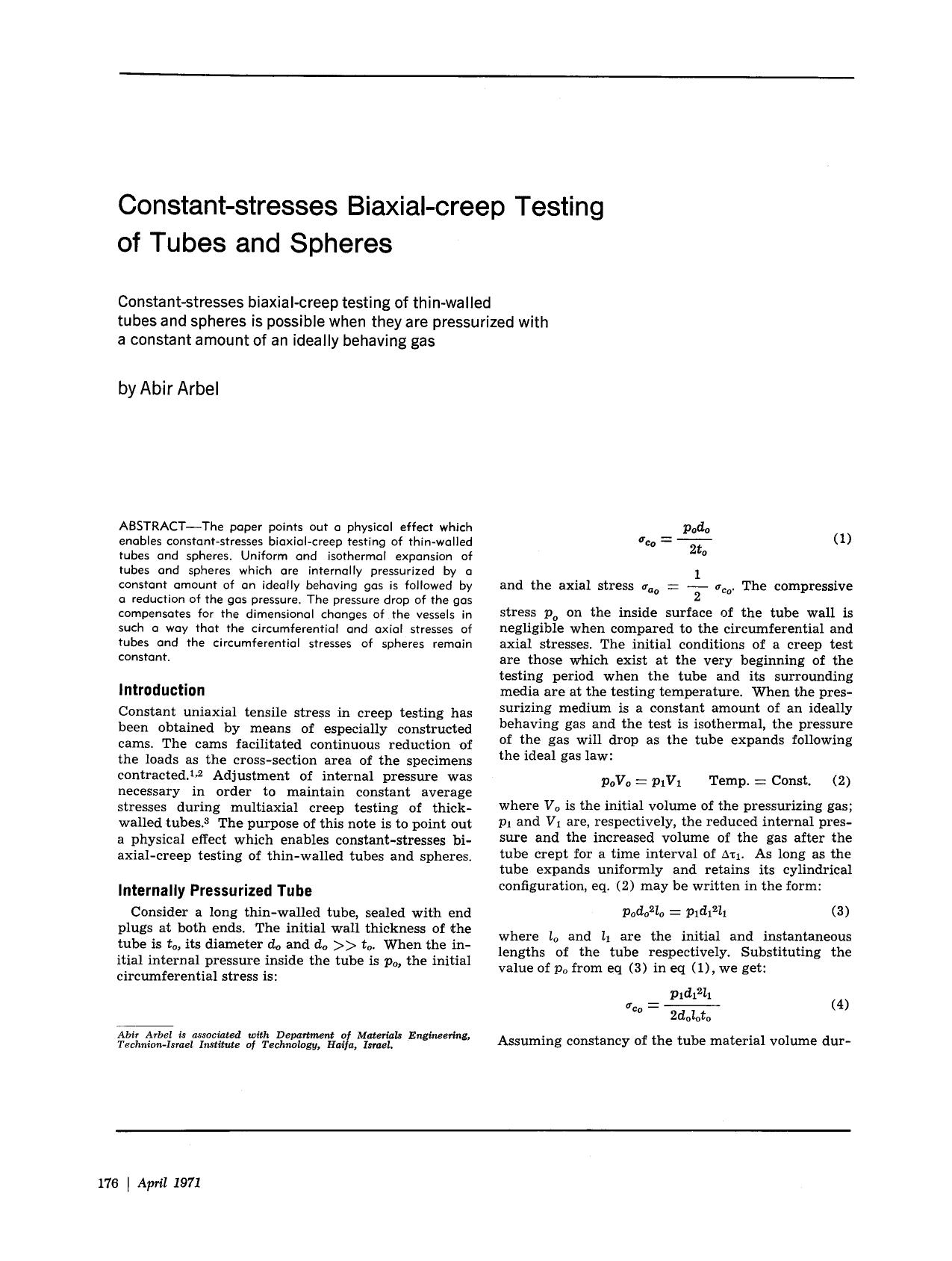 Constant-stresses biaxial-creep testing of tubes and spheres by Unknown