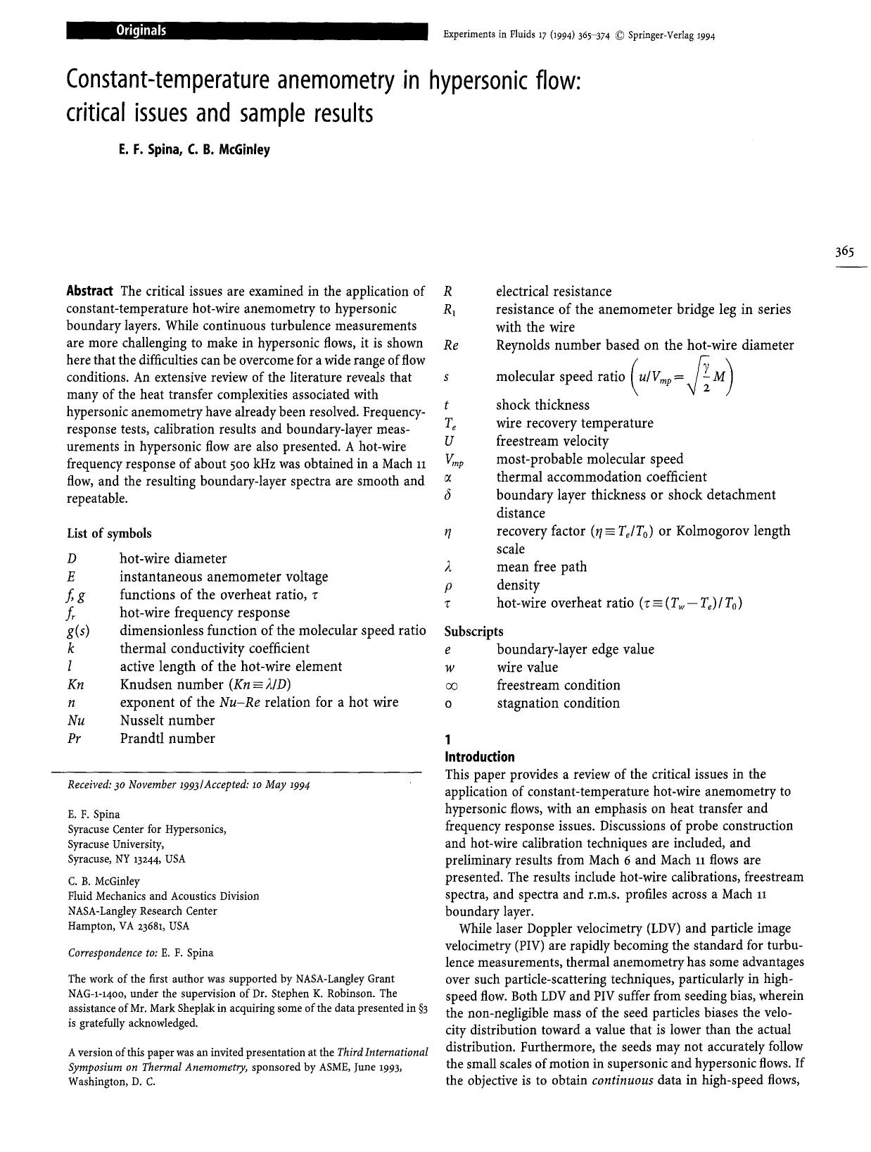 Constant-temperature anemometry in hypersonic flow: critical issues and Sample results by Unknown