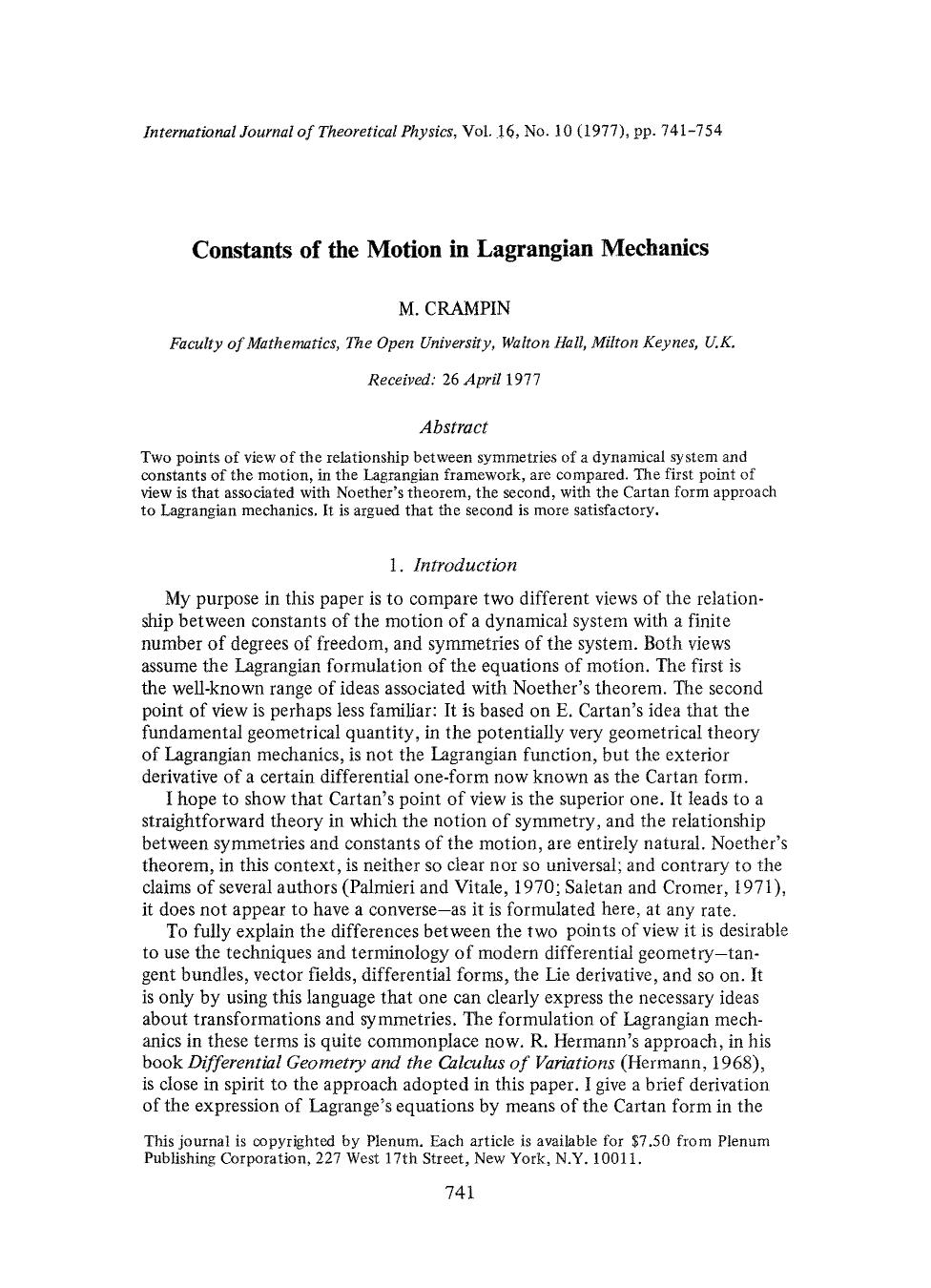 Constants of the motion in lagrangian mechanics by Unknown