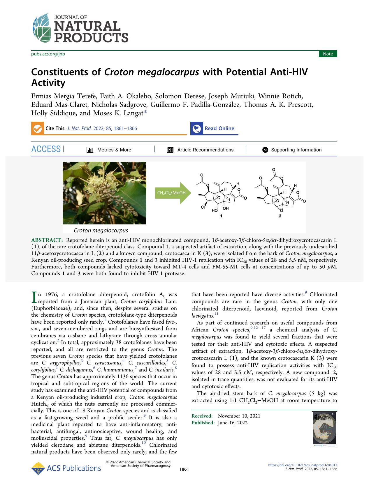 Constituents of Croton megalocarpus with Potential Anti-HIV Activity by unknow