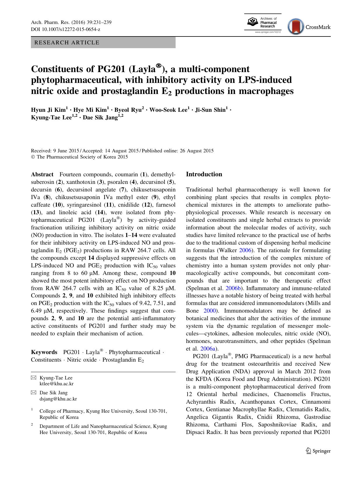 Constituents of PG201 (LaylaÂ®), a multi-component phytopharmaceutical, with inhibitory activity on LPS-induced nitric oxide and prostaglandin E2 productions in macrophages by Hyun Ji Kim & Hye Mi Kim & Byeol Ryu & Woo-Seok Lee & Ji-Sun Shin & Kyung-Tae Lee & Dae Sik Jang