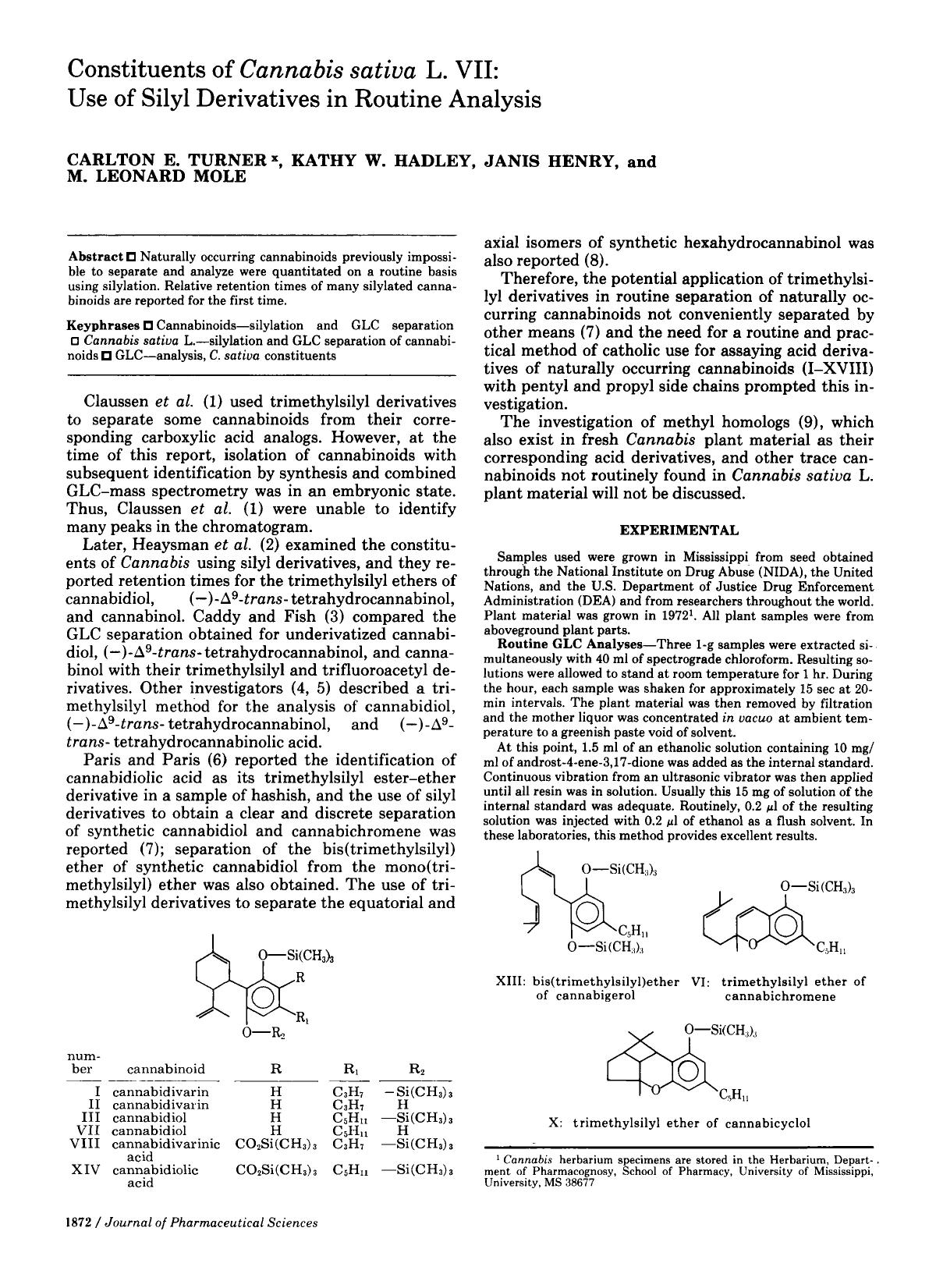 Constituents of cannabis sativa L. VII: Use of silyl derivatives in routine analysis by Use of Silyl derivatives in routine analysis