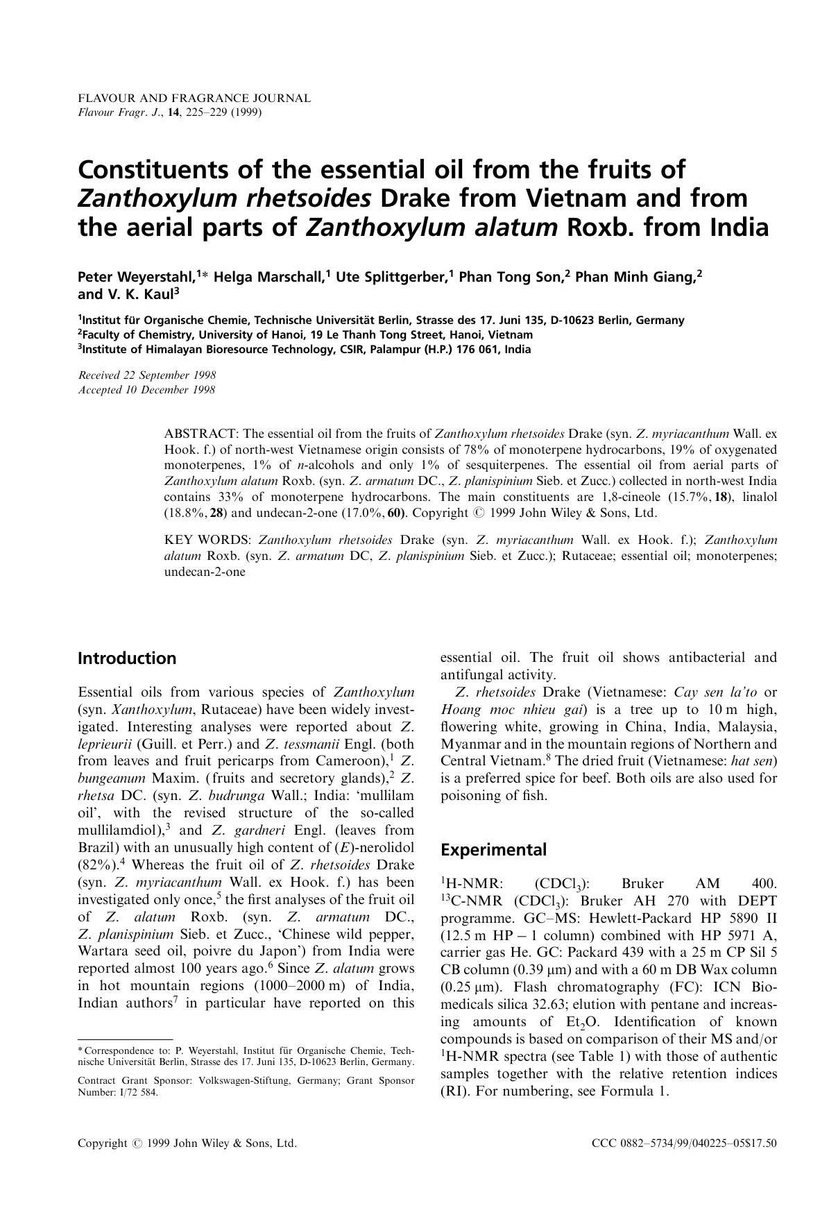 Constituents of the essential oil from the fruits of Zanthoxylum rhetsoides Drake from Vietnam and from the aerial parts of Zanthoxylum alatum Roxb. from India by Unknown