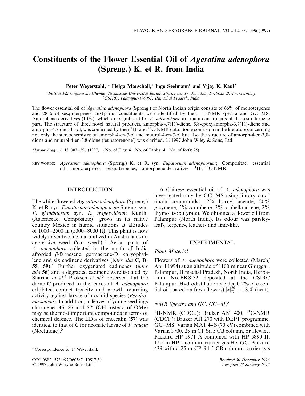 Constituents of the flower essential oil of Ageratina adenophora (Spreng.) K. et R. from India by Unknown