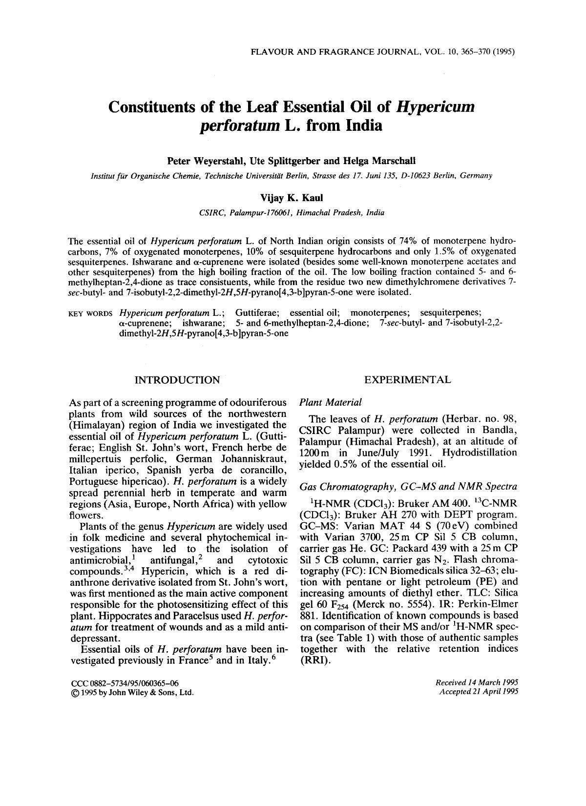Constituents of the leaf essential oil of Hypericum perforatum L. from India by Unknown