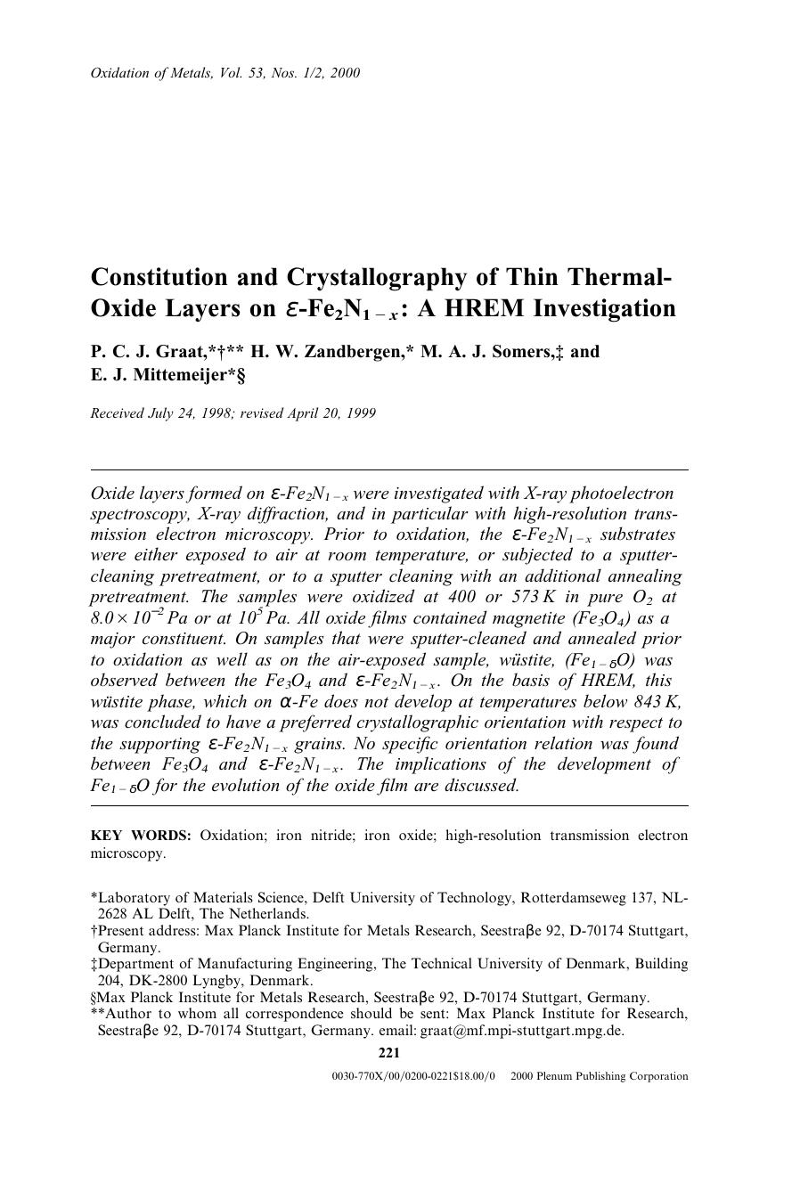 Constitution and Crystallography of Thin Thermal-Oxide Layers on varepsilon -Fe<Subscript>2<Subscript>N<Subscript>1-x<Subscript>: A HREM Investigation by Unknown