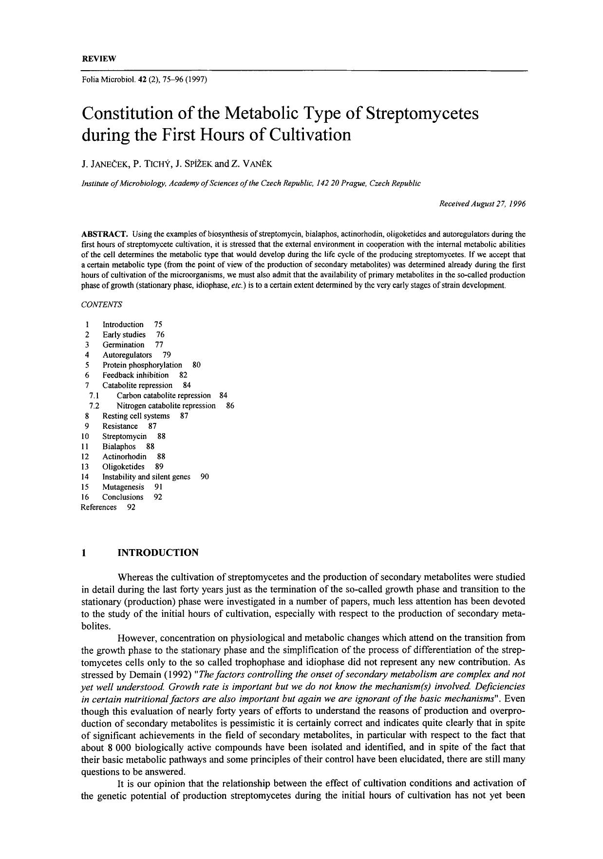Constitution of the metabolic type of streptomycetes during the first hours of cultivation by Unknown