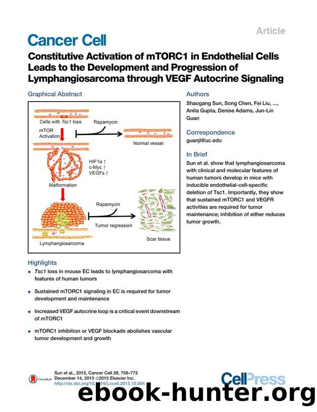 Constitutive Activation of mTORC1 in Endothelial Cells Leads to the Development and Progression of Lymphangiosarcoma through VEGF Autocrine Signaling by unknow