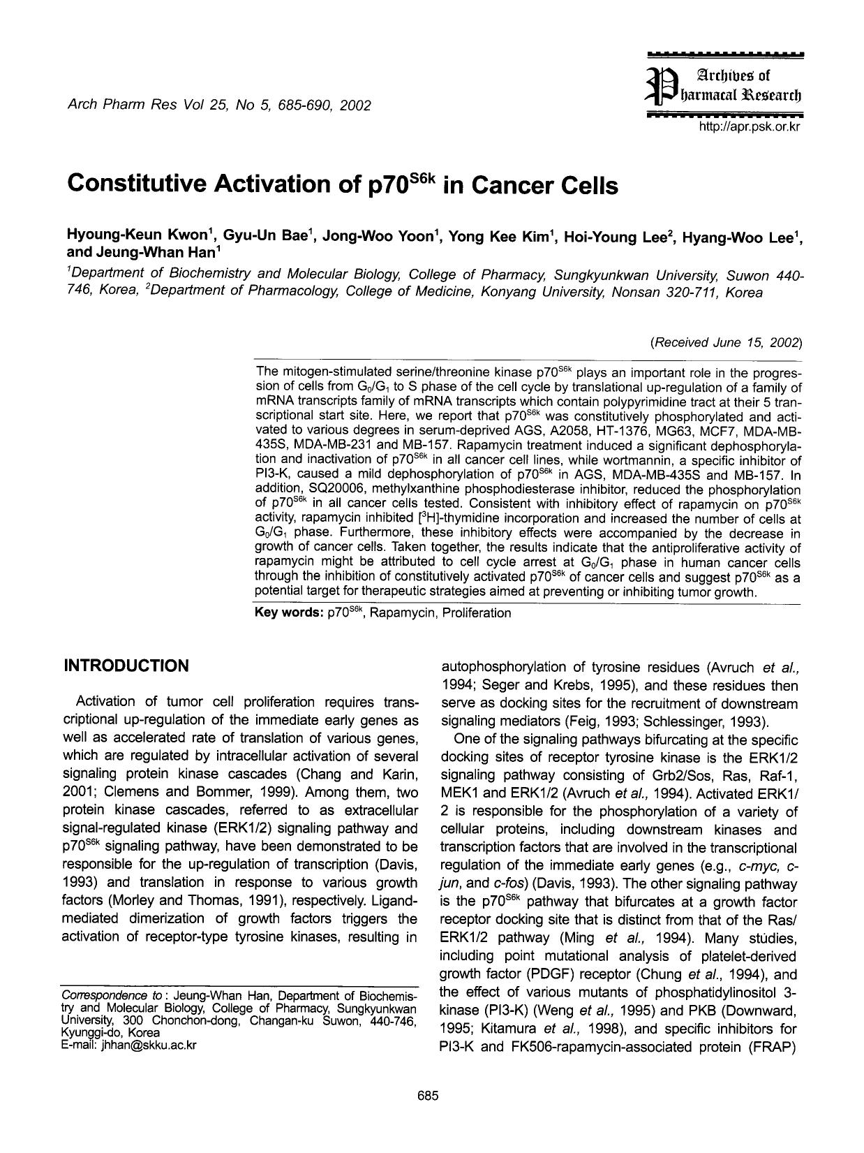 Constitutive activation of p70 <Superscript>S6k <Superscript> in cancer cells by Unknown