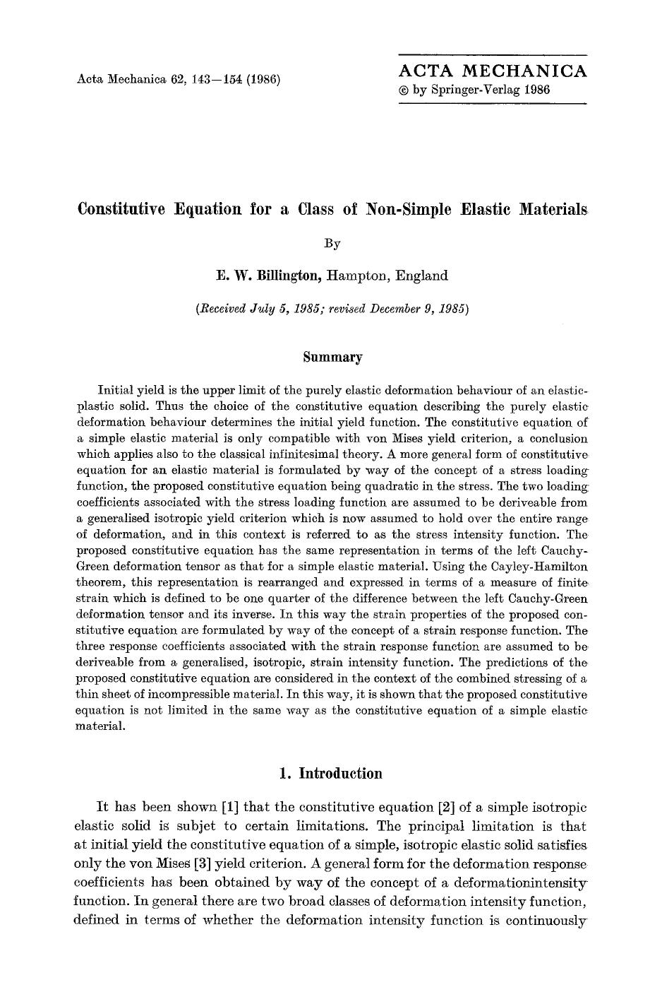 Constitutive equation for a class of non-simple elastic materials by Unknown