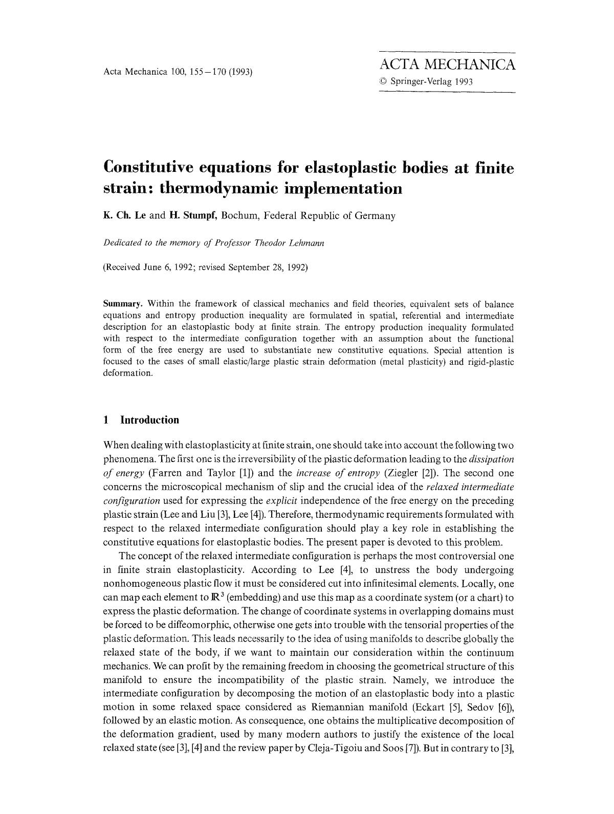 Constitutive equations for elastoplastic bodies at finite strain: thermodynamic implementation by Unknown