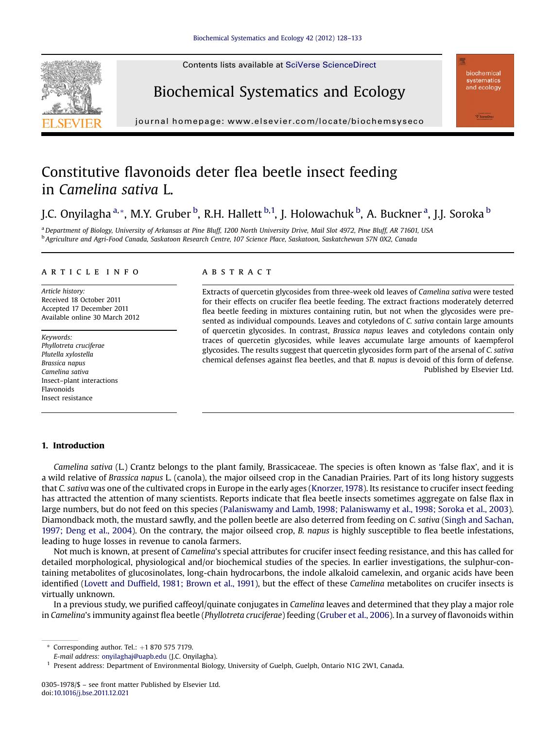 Constitutive flavonoids deter flea beetle insect feeding in Camelina sativa L. by J.C. Onyilagha & M.Y. Gruber & R.H. Hallett & J. Holowachuk & A. Buckner & J.J. Soroka
