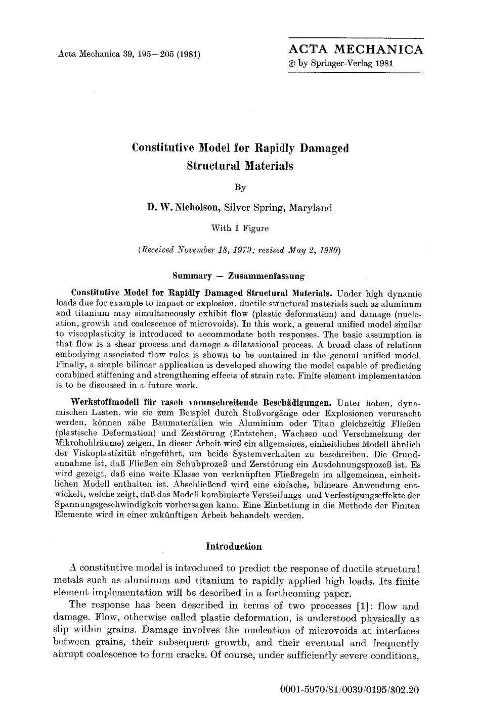 Constitutive model for rapidly damaged structural materials by Unknown