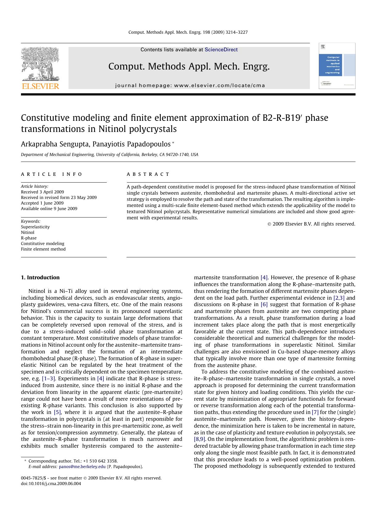 Constitutive modeling and finite element approximation of B2-R-B19â² phase transformations in Nitinol polycrystals by Arkaprabha Sengupta; Panayiotis Papadopoulos