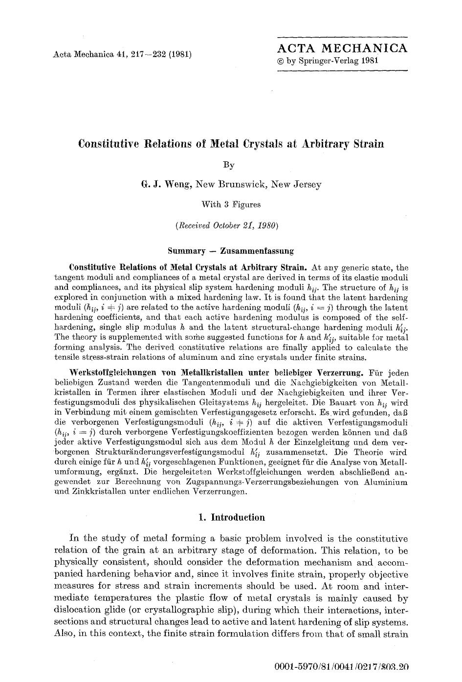 Constitutive relations of metal crystals at arbitrary strain by Unknown