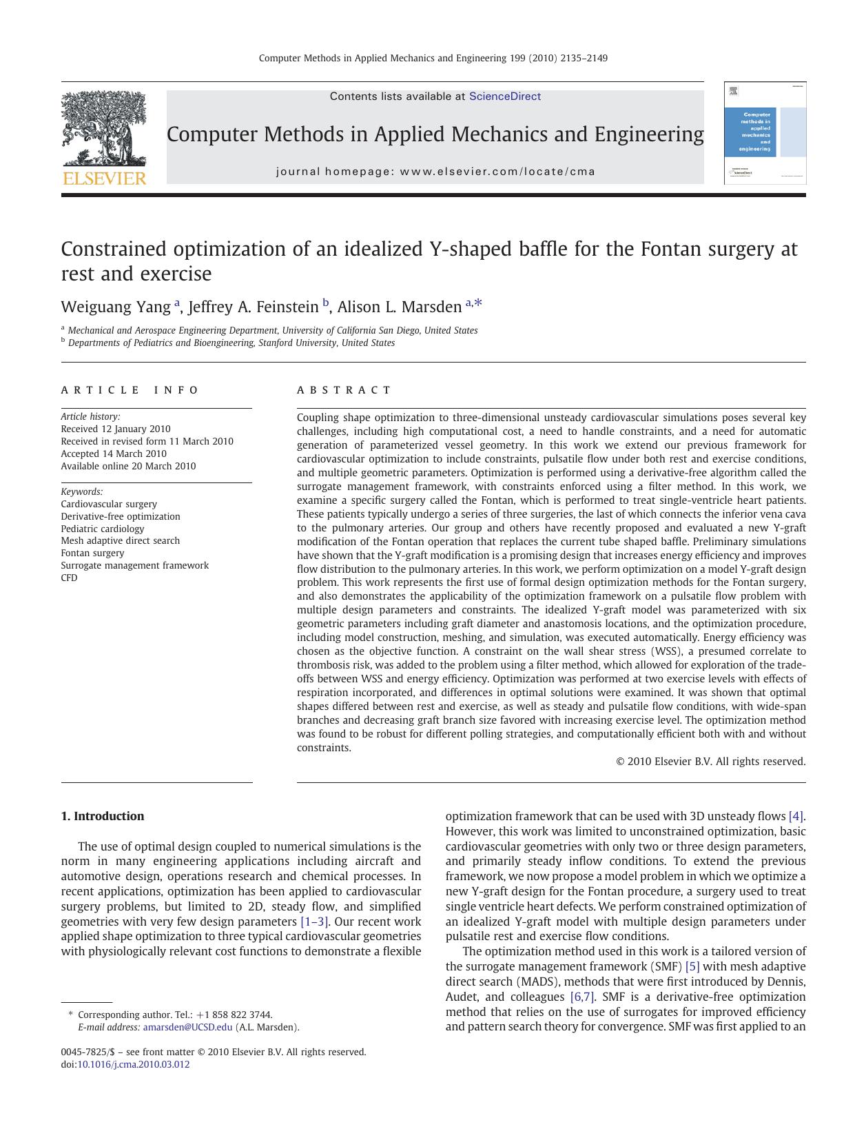 Constrained optimization of an idealized Y-shaped baffle for the Fontan surgery at rest and exercise by Weiguang Yang; Jeffrey A. Feinstein; Alison L. Marsden