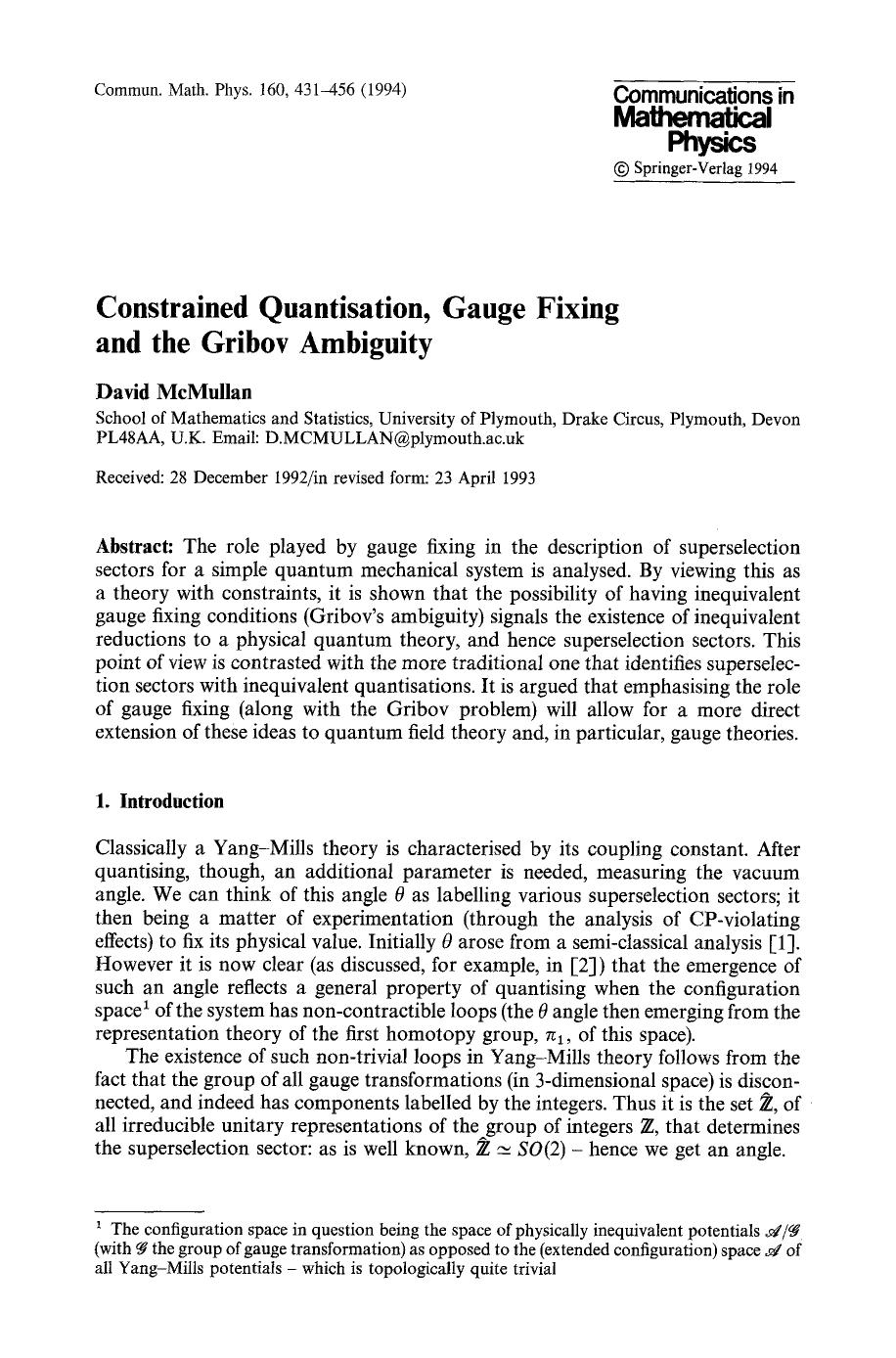 Constrained quantisation, gauge fixing and the Gribov ambiguity by Unknown