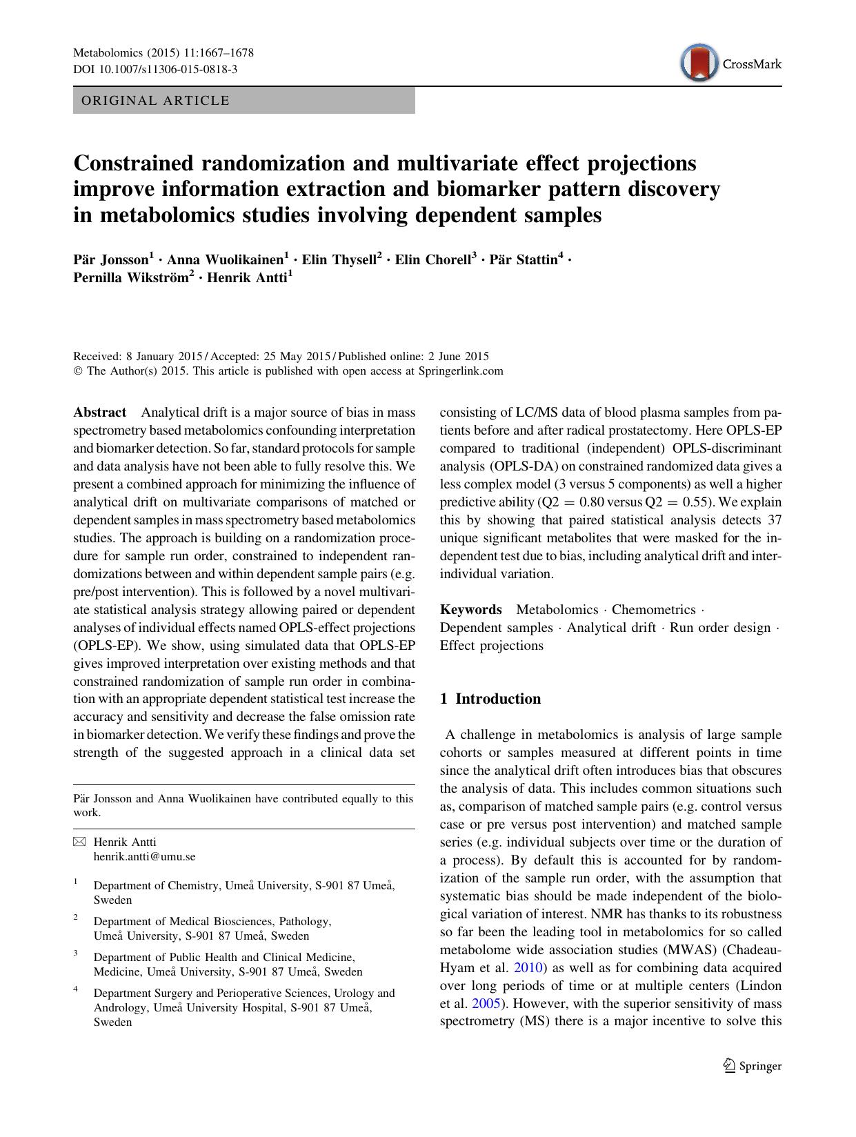 Constrained randomization and multivariate effect projections improve information extraction and biomarker pattern discovery in metabolomics studies involving dependent samples by unknow