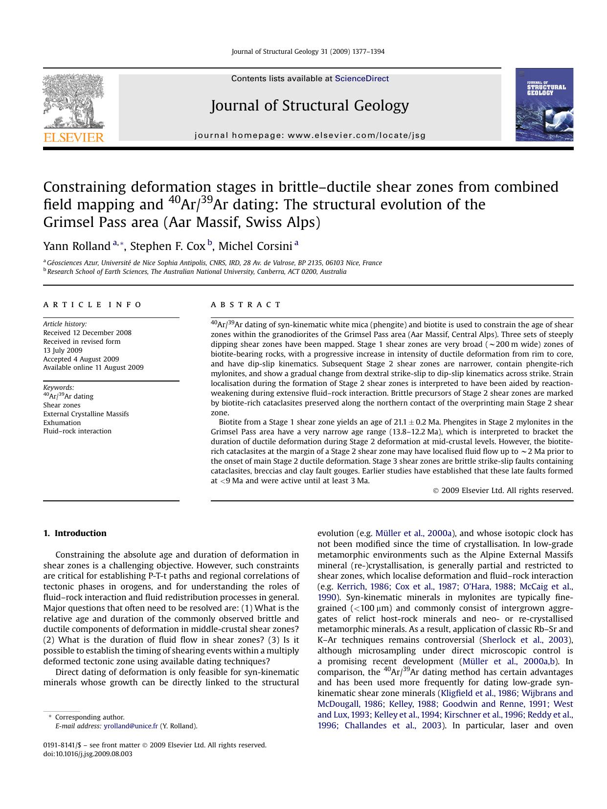 Constraining deformation stages in brittle-ductile shear zones from combined field mapping and 40Ar39Ar dating: The structural evolution of the Grimsel Pass area (Aar Massif, Swiss Alps) by Yann Rolland; Stephen F. Cox; Michel Corsini