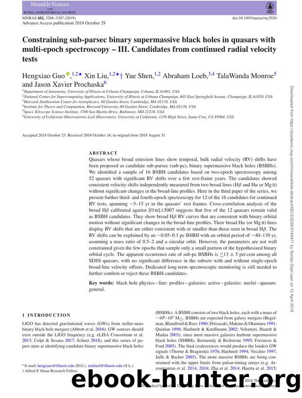 Constraining sub-parsec binary supermassive black holes in quasars with multi-epoch spectroscopy -- III. Candidates from continued radial velocity tests by Hengxiao Guo & Xin Liu & Yue Shen & Abraham Loeb & TalaWanda Monroe & Jason Xavier Prochaska