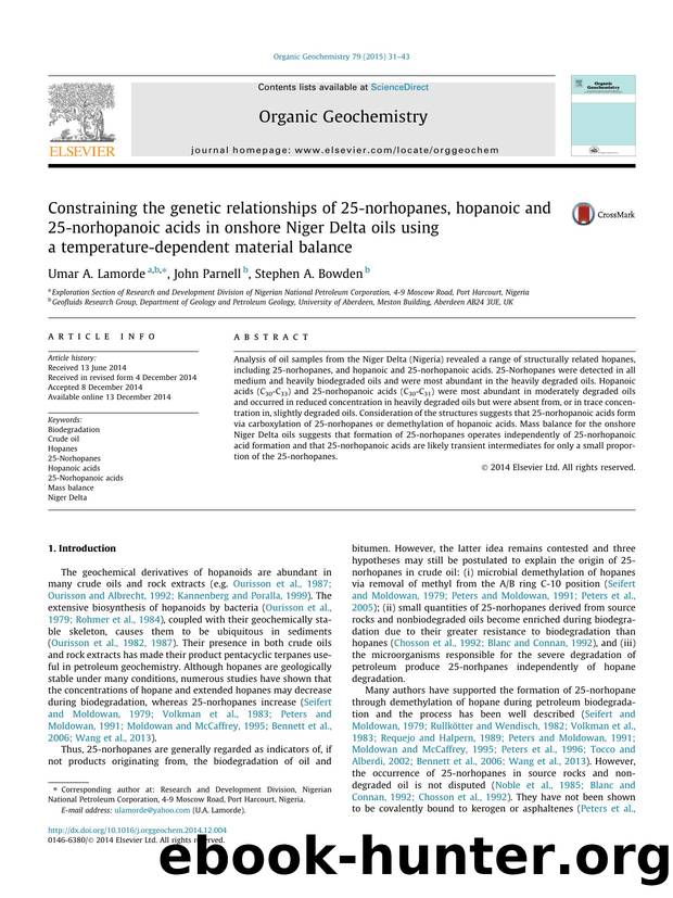 Constraining the genetic relationships of 25-norhopanes, hopanoic and 25-norhopanoic acids in onshore Niger Delta oils using a temperature-dependent material balance by Umar A. Lamorde