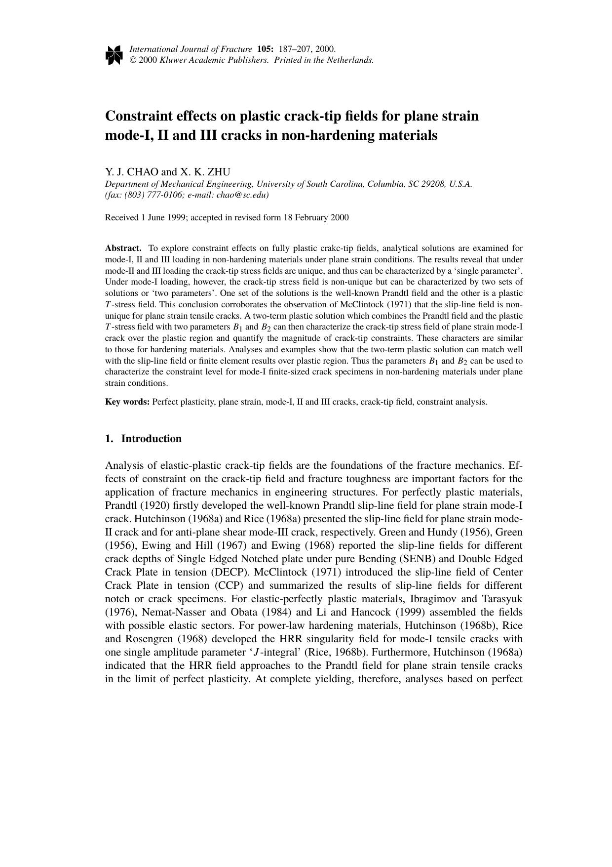 Constraint effects on plastic crack-tip fields for plane strain mode-I, II and III cracks in non-hardening materials by Unknown