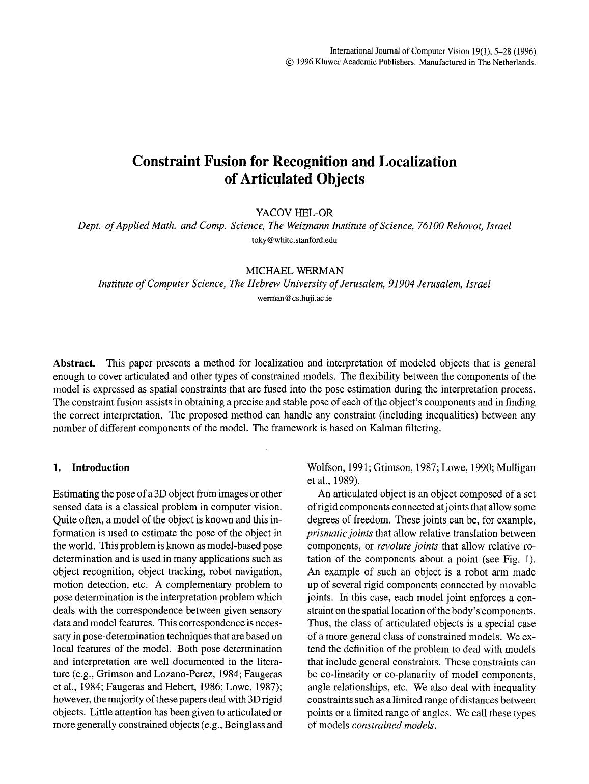 Constraint fusion for recognition and localization of articulated objects by Unknown
