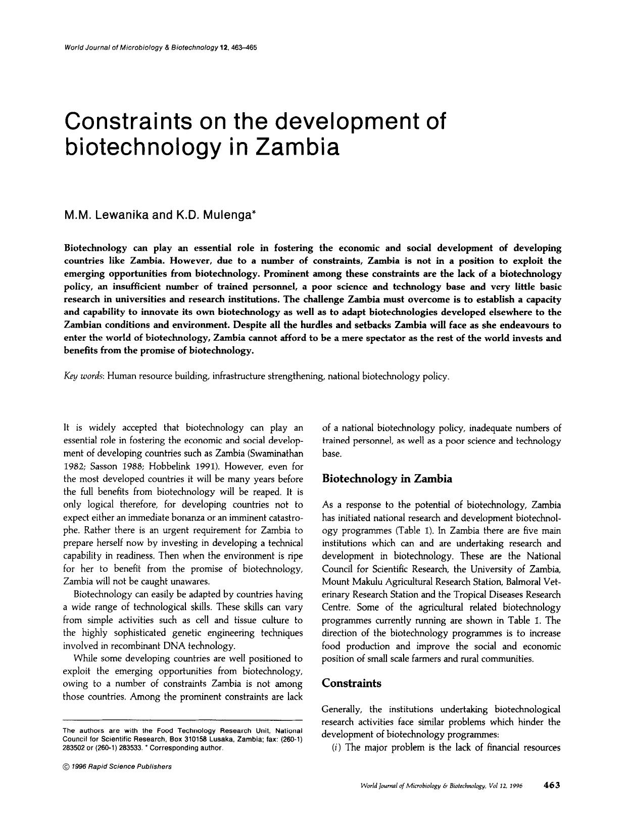 Constraints on the development of biotechnology in Zambia by Unknown