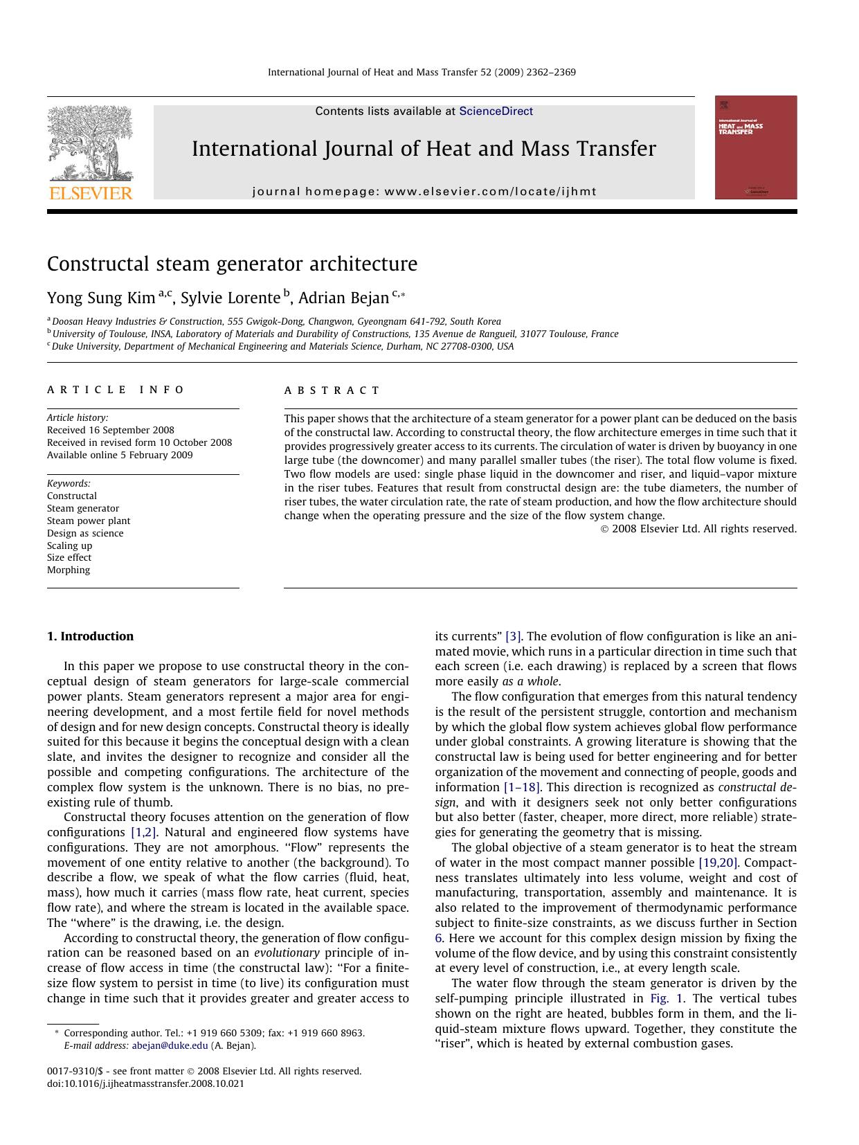 Constructal steam generator architecture by Yong Sung Kim; Sylvie Lorente; Adrian Bejan
