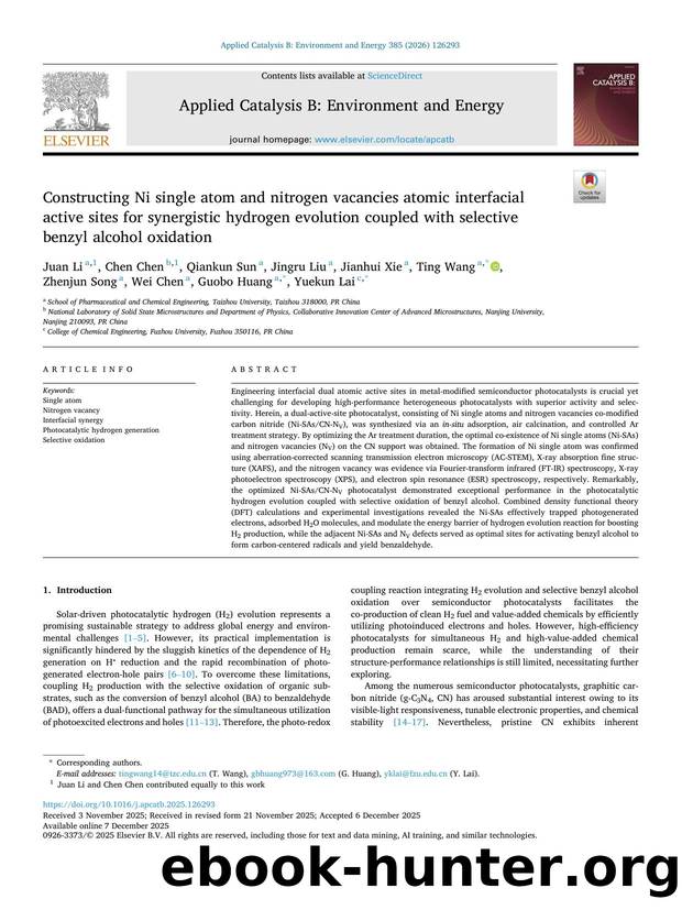 Constructing Ni single atom and nitrogen vacancies atomic interfacial active sites for synergistic hydrogen evolution coupled with selective benzyl alcohol oxidation by unknow