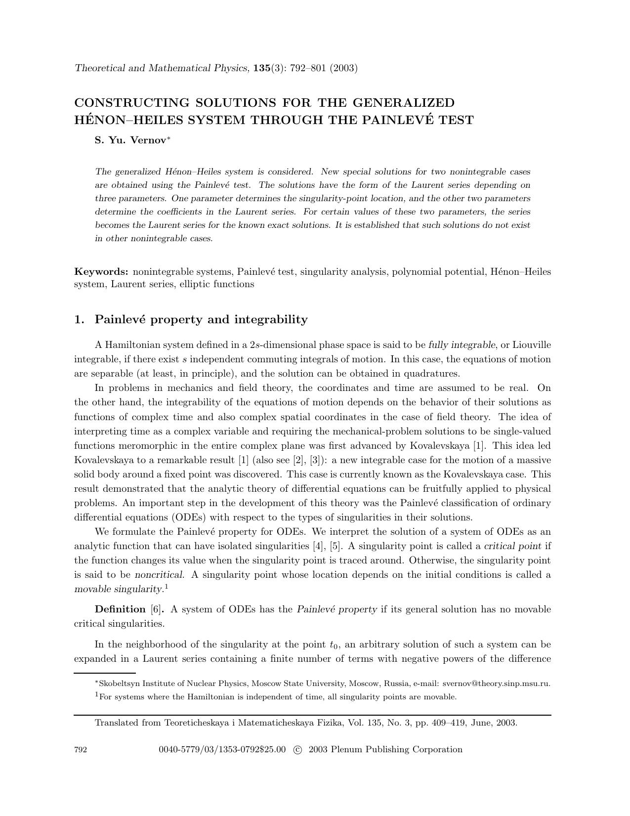 Constructing Solutions for the Generalized Hénon–Heiles System Through the Painlevé Test by Unknown