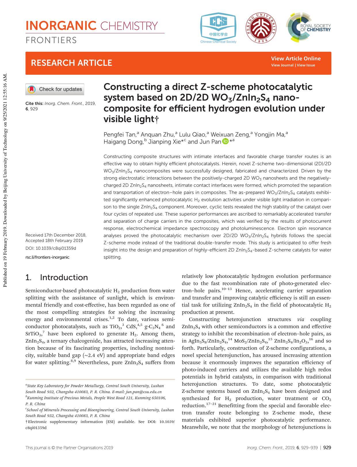 Constructing a direct Z-scheme photocatalytic system based on 2D2D WO3ZnIn2S4 nanocomposite for efficient hydrogen evolution under visible light by Pengfei Tan Anquan Zhu Lulu Qiao Weixuan Zeng Yongjin Ma Haigang Dong Jianping Xie Jun Pan