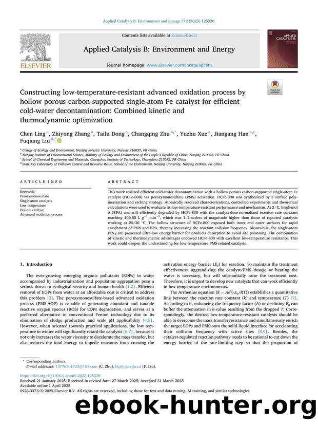 Constructing low-temperature-resistant advanced oxidation process by hollow porous carbon-supported single-atom Fe catalyst for efficient cold-water decontamination: Combined kinet by Chen Ling & Zhiyong Zhang & Tailu Dong & Changqing Zhu & Yuzhu Xue & Jiangang Han & Fuqiang Liu