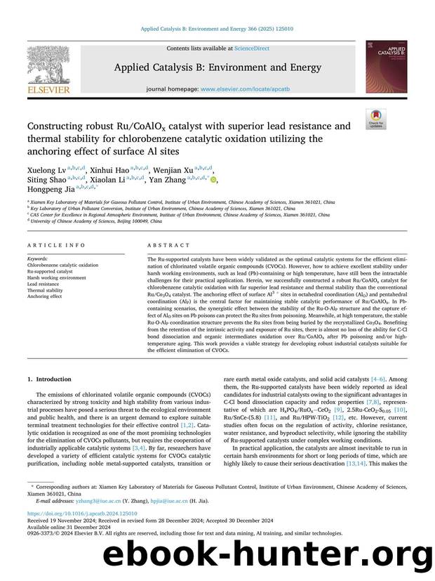 Constructing robust RuCoAlOx catalyst with superior lead resistance and thermal stability for chlorobenzene catalytic oxidation utilizing the anchoring effect of surface Al sites by Xuelong Lv & Xinhui Hao & Wenjian Xu & Siting Shao & Xiaolan Li & Yan Zhang & Hongpeng Jia