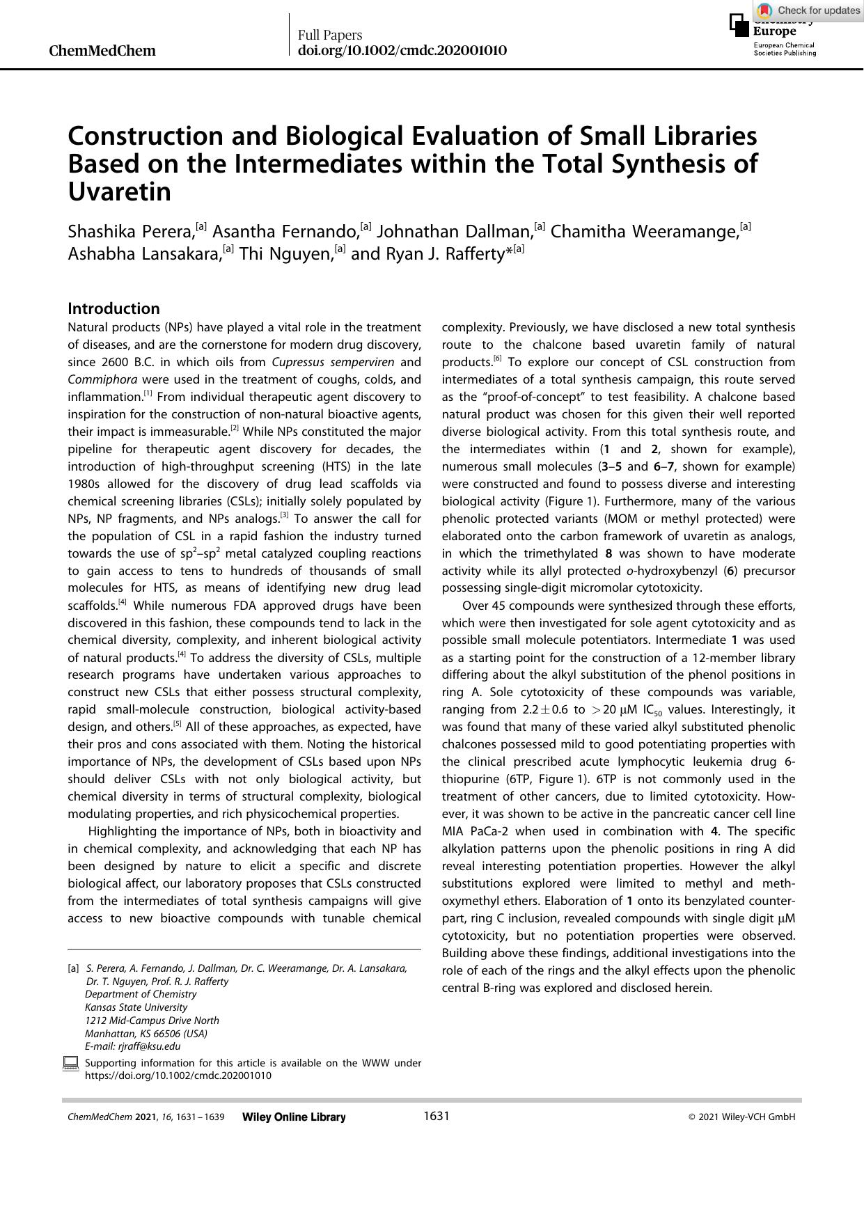 Construction and Biological Evaluation of Small Libraries Based on the Intermediates within the Total Synthesis of Uvaretin by Unknown
