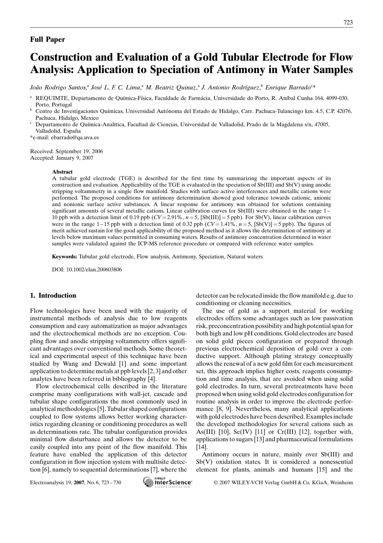 Construction and Evaluation of a Gold Tubular Electrode for Flow Analysis: Application to Speciation of Antimony in Water Samples by Unknown